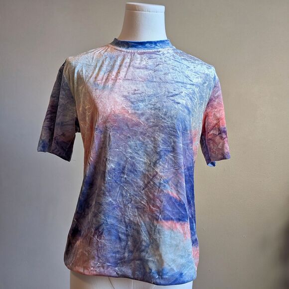 Tops - Crushed Velvet Top Pink Blue Tie Dye Mock Neck Pastel Size Small